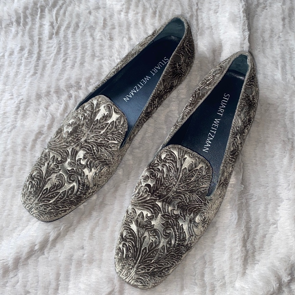 Stuart Weitzman Gray/Green Brocade Loafers